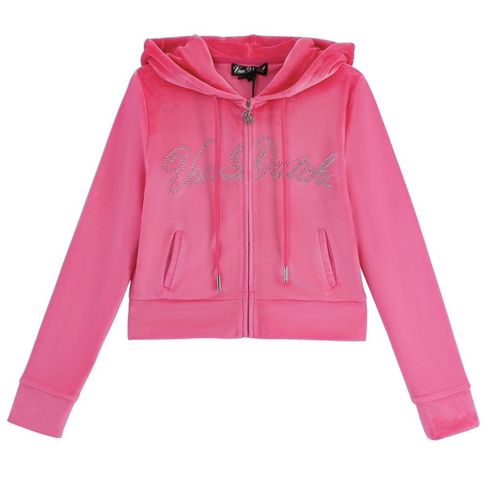 Von Dutch Original Rhinestone Velour Zip Up Hooded - HOT PINK - XL SIZE